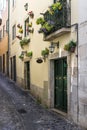Narrow street and the facade of a building with flowers in the traditional neighborhood of Alfama in Lisbon, Portugal Royalty Free Stock Photo