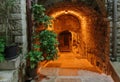 Narrow street with flowers in the old town Peille in France. Night view Royalty Free Stock Photo