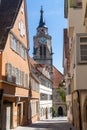 Narrow street in the hsitoric old town of Tuebingen in Germany