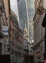 Narrow street of Lovat Lane view looking towards St Margaret Pattens in City of London with the Sky Garden building Royalty Free Stock Photo