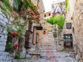 Narrow street in medieval Eze on cote d`azur, french riviera, France Royalty Free Stock Photo