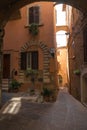 Narrow street of medieval town of Orte, Italy