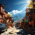 Narrow street nestled among the hills of Medellin, Colombia,