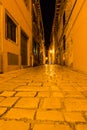 Narrow street in night of old town of Rovinj, Croatia Royalty Free Stock Photo