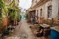 Narrow street in old poverty part of Astrakhan city in Russia Royalty Free Stock Photo