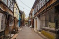 Narrow street in old poverty part of Astrakhan city in Russia Royalty Free Stock Photo