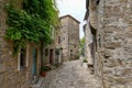 Narrow street between old residential houses of alleys in the Croatian artists' village of Groznjan Royalty Free Stock Photo