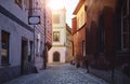 Narrow street of Old town with Night lantern lamps Royalty Free Stock Photo