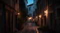 Narrow street in old town of Dubrovnik at night, Croatia