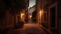 Narrow street in the old town of Rome, Italy at night