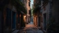 Narrow street in the old town of Rome at night, Italy