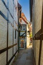 Narrow street in Schnoor quarter with art galleries, souvenir shops, cafes, Bremen, Germany. Street view. Tourist destination