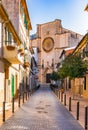 Majorca Spain, street with view of church at Esporles village Royalty Free Stock Photo