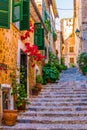 A narrow street in the spanish village Fornalutx at Mallorca Royalty Free Stock Photo