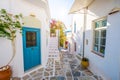 Narrow street with stone houses in Lefkes village Royalty Free Stock Photo