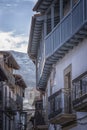 Narrow street with views of the Sierra de Bejar in Candelario, Salamanca, Castilla Leon, Spain, Europe.