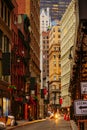 Narrow street of Wall Street District in New York City