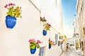 A narrow street with whote walls and blue flower pots, the mediterranean sea in the background, Bodrum Turkey