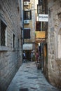 Narrow streets of the ancient city-fortress of the Mediterranean. Travel to Montenegro, Kotor.