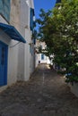 Narrow streets of the city in the Andalusian style in white-blue colors