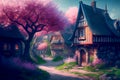 Narrow streets of medieval town in spring blossom, ai illustration