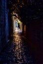 Narrow streets of mediterranean city. Trogir at night. Croatia.