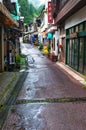Narrow streets of Shima mountain town on rainy weather