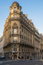 Narrow triangle Haussmannian architecture building on the Reaumur Boulevard in Paris Royalty Free Stock Photo