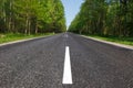 Narrow, two-lane paved road passing through the forest.