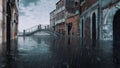 Empty Venice street and stone bridge during flood 4K