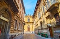 Via Volturno street with San Filippo Neri Church, Lodi, Italy