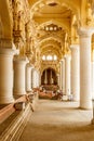 Narrow view of an ancient Thirumalai Nayak Palace, Madurai with pillars and sculptures, Tamil nadu, India, May 13 2017