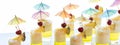 Narrow view of several pineapple jelly parfaits garnished with pineapple, cherries and umbrella picks.