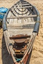 Narrow view of skeleton of a fishing boat parked alone in seashore, Kailashgiri, Visakhapatnam, Andhra Pradesh, March 05 2017 Royalty Free Stock Photo