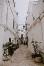 Narrow white street in Locorotondo oldtown, province Bari, Sauthern Italy