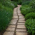 A narrow, winding garden path made of rectangular stone slabs, bordered by lush Royalty Free Stock Photo