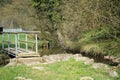 Narrow wooden bridge over a river in a park Royalty Free Stock Photo