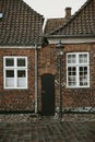 Narrow wooden door between old brick houses with white framed windows