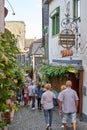 Narrowest Street in Germany, the Drosselgasse Lane in Rudesheim, Germany, on the Rhine River.