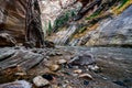 The Narrows` hiking terrain by the riverbed in Zion National Park. Royalty Free Stock Photo