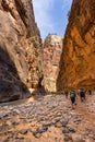 People hiking in Zion Narrow with Virgin River in summer season.