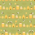 Nartural honey jar background. Sweet honey on green seamless pattern Bees, beehive, honeycomb. Vector