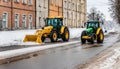 Narva Estonia 10 March 2022 . The tractor cleans road from snow. Spring cleaning of the city
