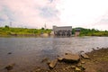 Narva hydroelectric power station on a cloudy August evening. Ivangorod, Russia