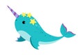 Narwhal with Long Tusk as Sea Animal Floating Underwater Vector Illustration