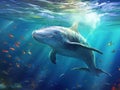 Ai Generated illustration Wildlife Concept of Narwhal Monodon monoceros swimming in the ocean water