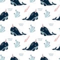 Narwhal pattern. Cute sea kids pattern with narwhal whale seamless background Baby cartoon fabric illustration Royalty Free Stock Photo