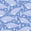 Narwhal pattern with flowers, cute sea life animal design. Hand drawn vector seamless repeat illustration.