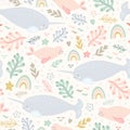 Narwhal pattern. Vector sea life seamless repeat design with rainbows.