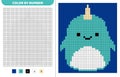 Narwhal squishmallow. Color by number. Pixel coloring book. Numbered squares. Game for kids